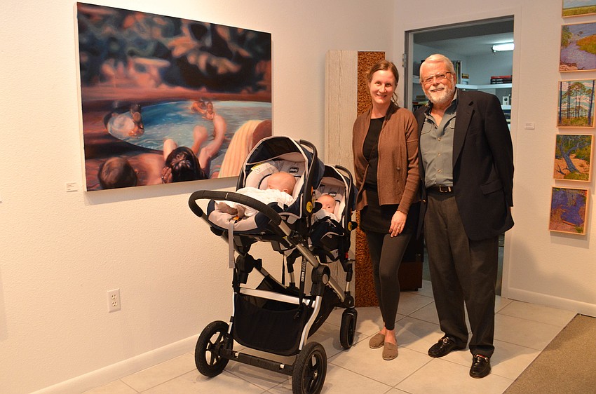 Kim Anderson, her babies Oona and Oscar Lofgren and Allyn Gallup in front of Anderson's 