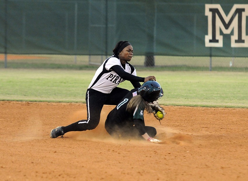 Braden River shortstop Kenya Yancy catches Lakewood Ranch pinch runner Jackie Schoff stealing in the bottom of the third inning.