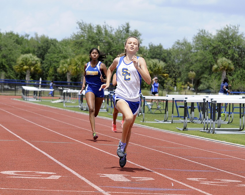 Sarasota Christian freshman Kimberly Musall easily won her heat in the 200-meter dash.
