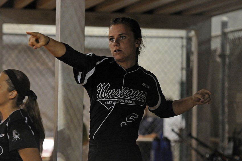 Lakewood Ranch freshman catcher Maddie Biggs cheers on her teammates.