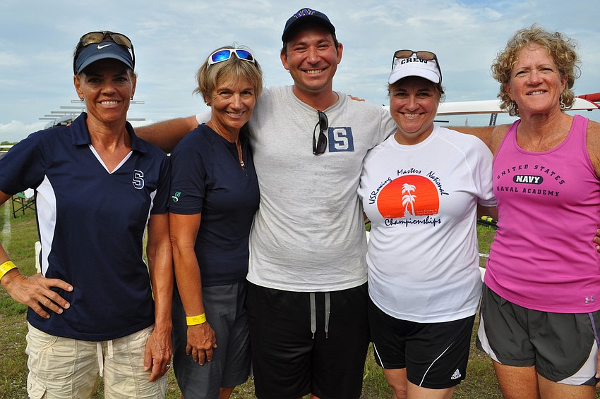 Eve Goldberg, Allison Geist, head coach Jason Moskowitz, Nadine Champion-Thomas and Sue Gutek supported fellow members of the Sarasota Crew.