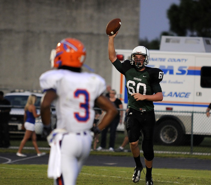 Lakewood Ranch senior tight end Andrew Hoskinson celebrates after the Mustangs completed a two-point conversion.