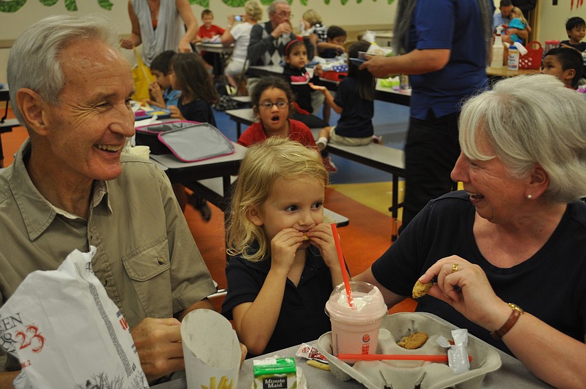 Granddaughter Caitlyn Conley gets a visit from grandparents Roger (left) and Stella (right) Hodgetts