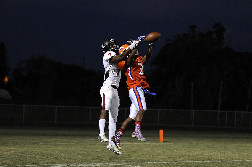 Southeast defensive back Demarquis Brice breaks up a pass intended for Braden River wide receiver Justin Ross.