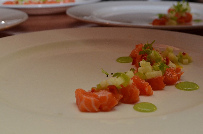 The first course of the dinner is Mt. Cook Alpine Salmon Ceviche, by Chef Anthony Lamas.