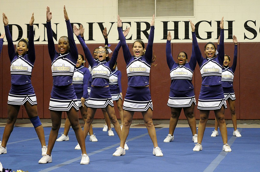 The Booker High cheerleading squad performed in the extra large varsity division.