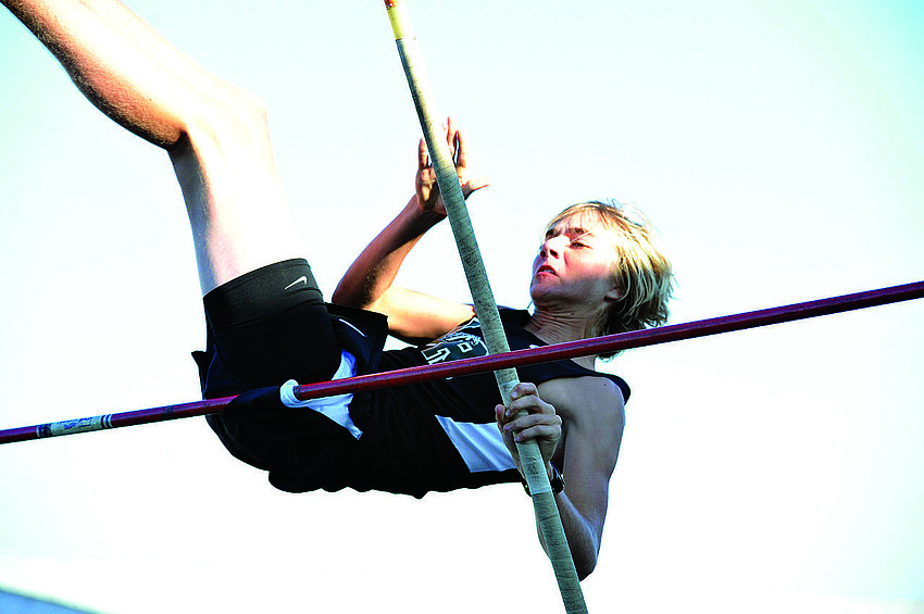 Lakewood Ranch sophomore Hunter Napier clears 8-06 in the pole vault, during the Manatee County Track Championships April 2.
