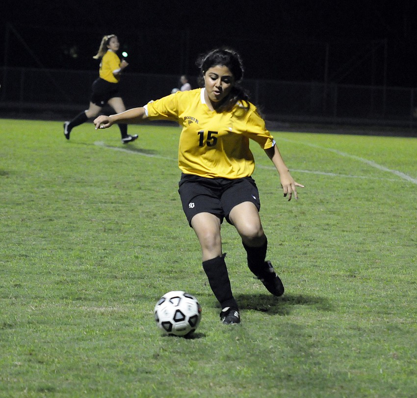Booker Highâ€™s Karla Gonzalaz pushes the ball to the outside in an attempt to move up the field.