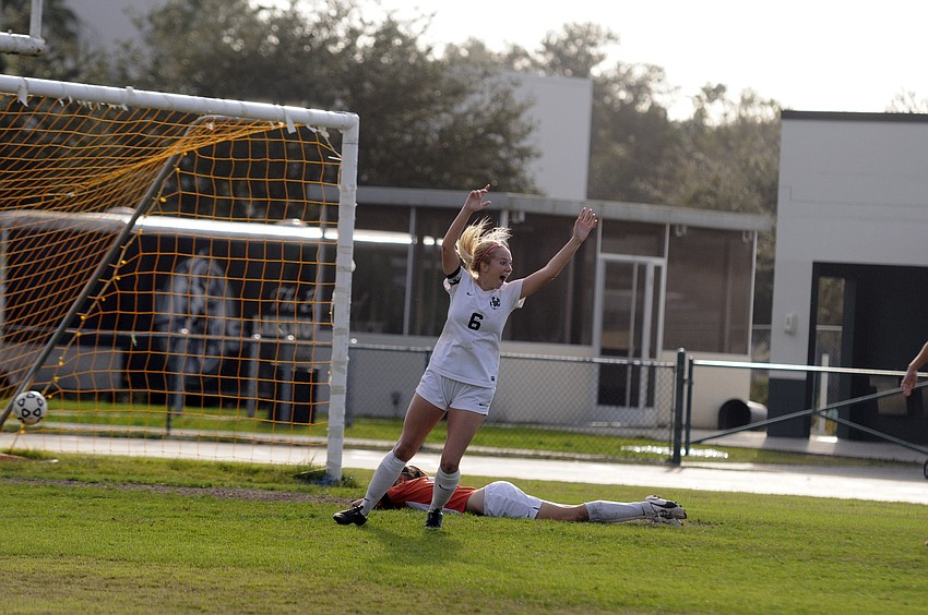 Lakewood Ranch High senior forward Delaney Riggins celebrates following her game-winning goal in the Class 4A-Region 3 finals Feb. 1.