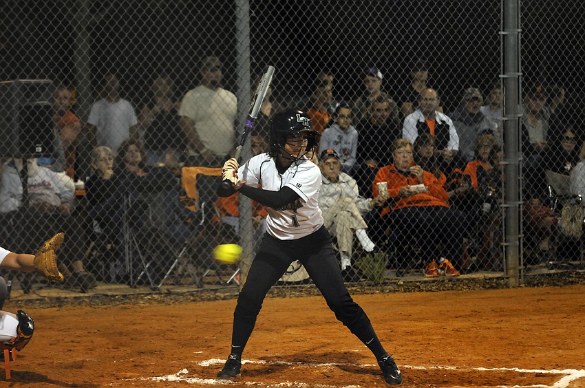 Lakewood Ranch junior Jackie Schoff takes a pitch in the first inning.