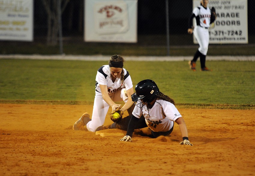 Lakewood Ranchâ€™s Kahlie Bickerstaff slides in safely with a double in the top of the third inning.