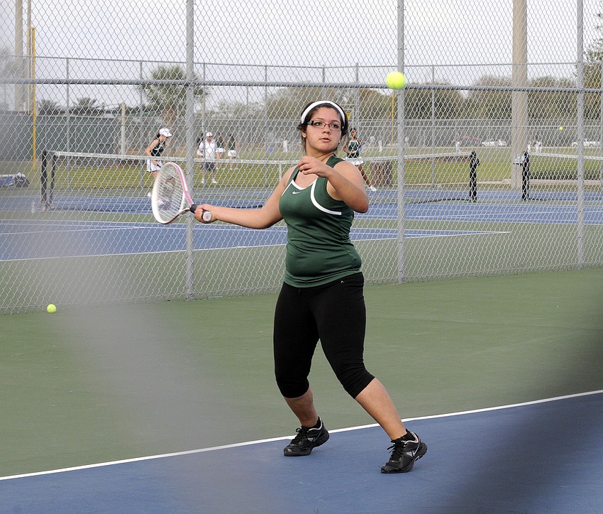 Lakewood Ranch freshman Brianna Svagdis played her first varsity tennis match March 5.
