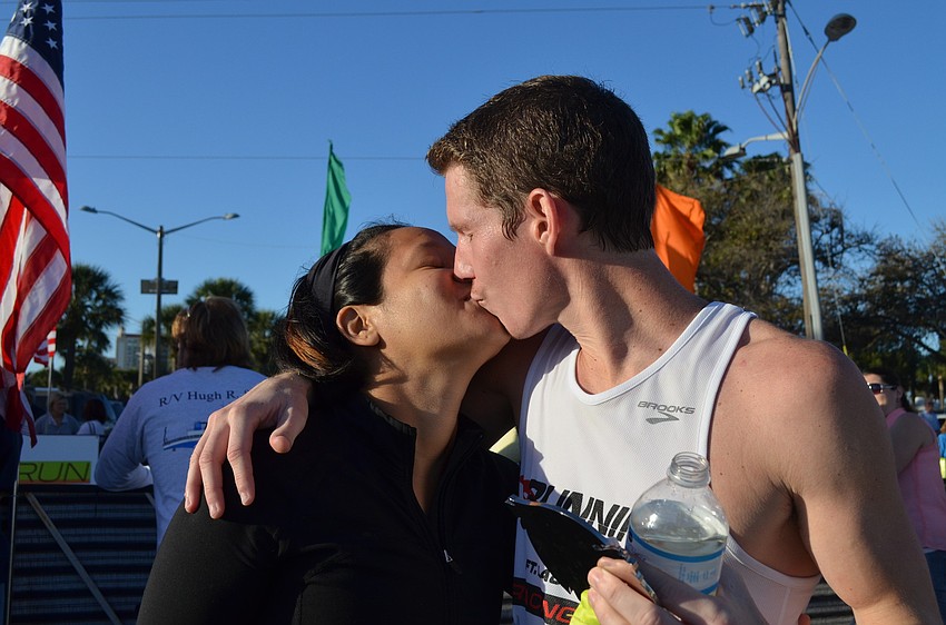 Stephanie Fung celebrates with Evan DeHart.