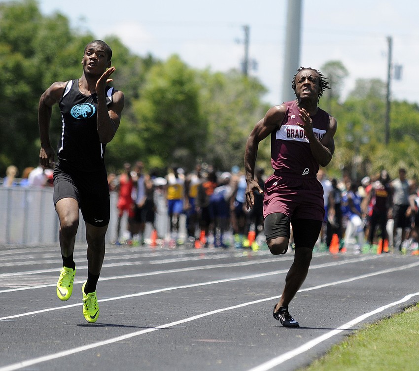 Braden Riverâ€™s Ahmad Dunbar competes in the preliminaries of the 100-meter dash.