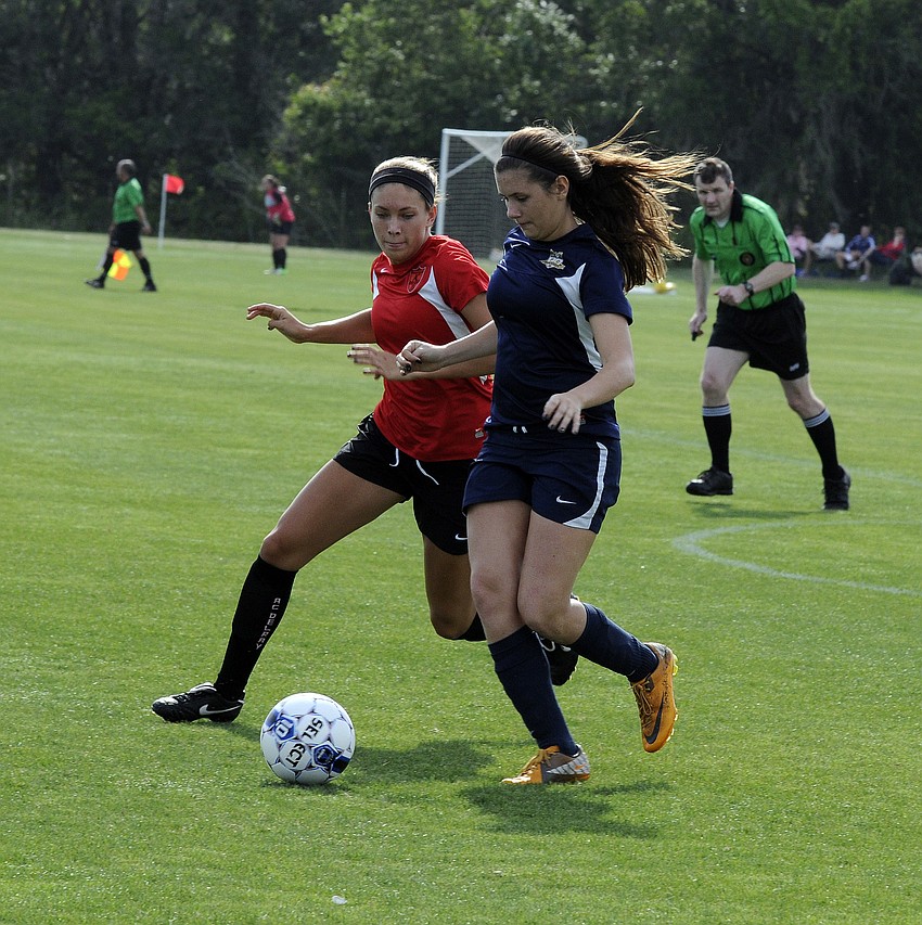 Riverview Highâ€™s Danielle Allen battles for possession during FC Sarasotaâ€™s game versus AC Delray.