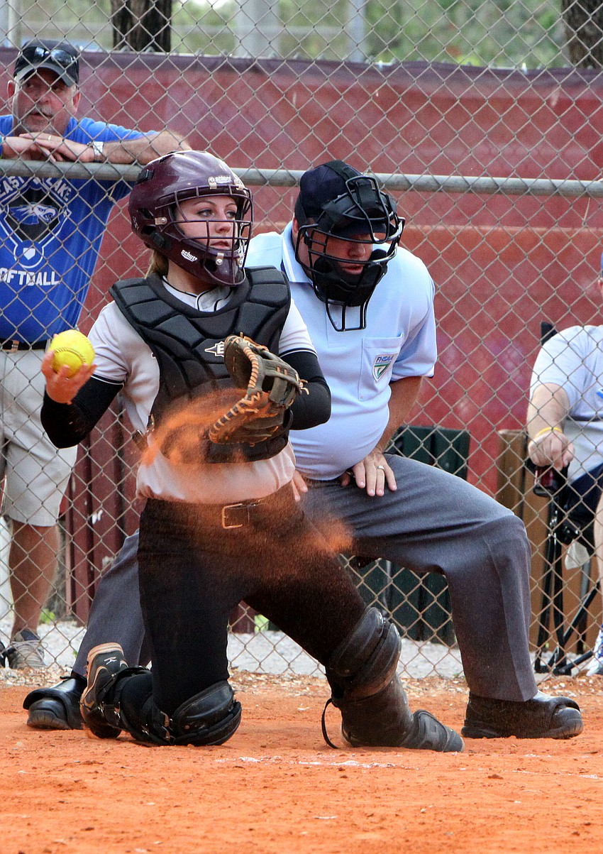 Riverviewâ€™s Taylor Kierscht, 9, prepares to throw the ball back to the pitcherâ€™s mound.
