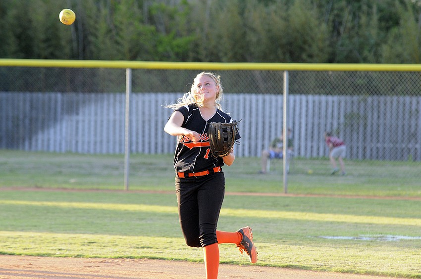 Sarasota sophomore Avery Miller warms up in between innings.