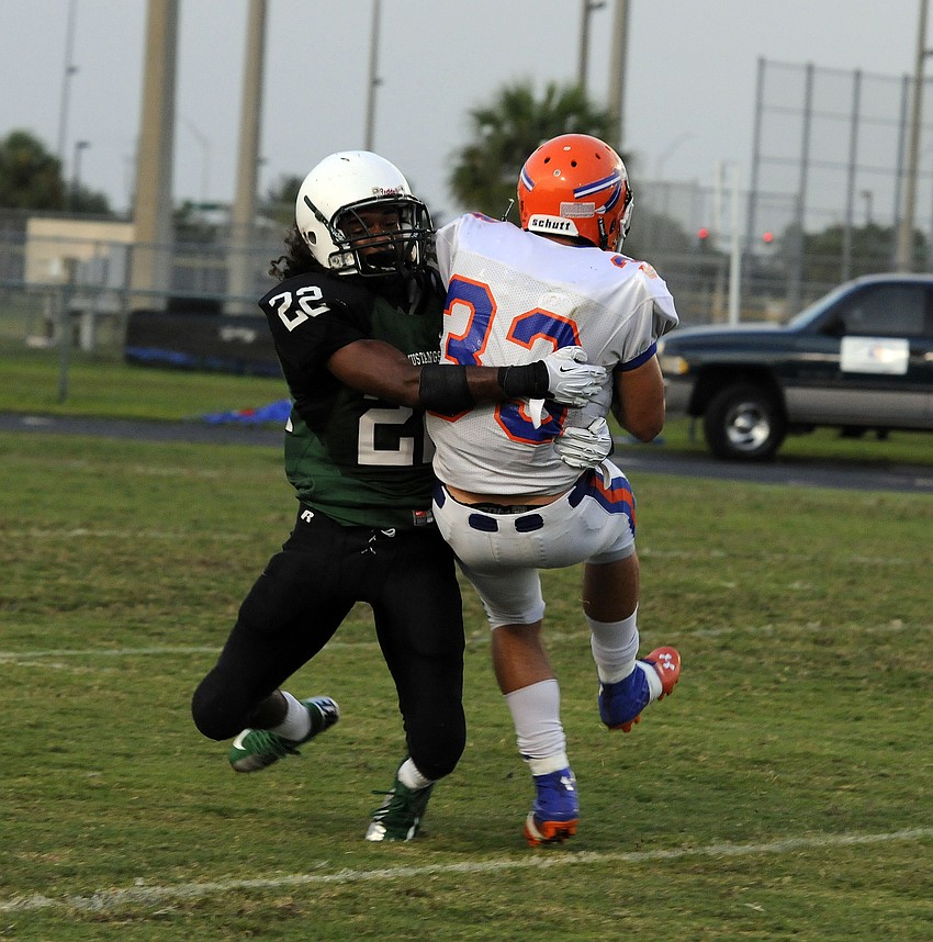 Lakewood Ranch sophomore defensive back Brandon Luckett makes a touchdown-saving tackle inside the 10 yard line.
