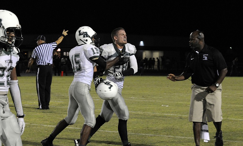 Lakewood Ranchâ€™s Ty McLeod reacts after the Mustangs defense forced a turnover.