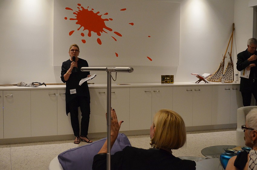 Cynthia Peterson, president of the board of directors for The Center for Architecture Sarasota, speaks at the CFAS/Spencer home opening.