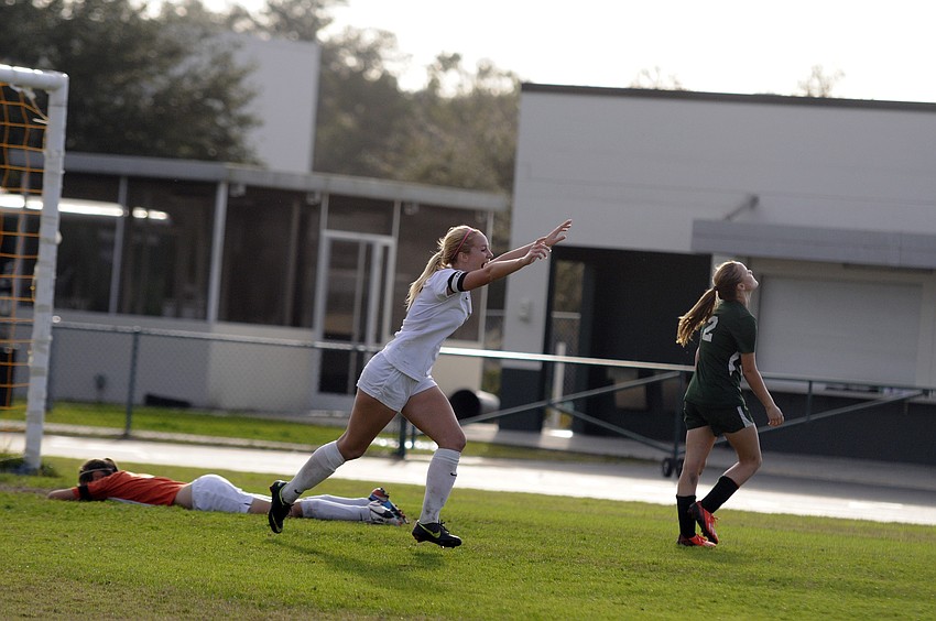 Lakewood Ranch High senior forward Delaney Riggins celebrates following her game-winning goal in the Class 4A-Region 3 finals Feb. 1.