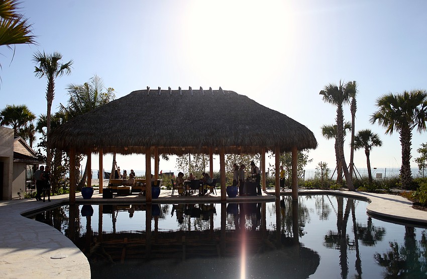 The pool area allows for seating in and out of the water.