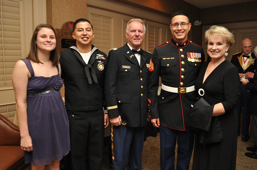Kaylin Knops, Sts. 2 Michael Alvarez, Lt. Col. Dennis Dobbratz (U.S. Army Reserve retired), Sgt. Gustavo Debritto (U.S. Marine Corp.) and Pat Dobbratz