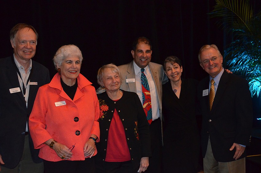AARP Director of Academic Affairs Rick Moody, Institute for the Ages Board Chair Nancy Schlossberg, Connie Goldman, President and CEO of Institute for the Ages Tom Esselman, Ina Jaffe and Plymouth Harbor on Sarasotas Bay President and CEO Harry Hobson