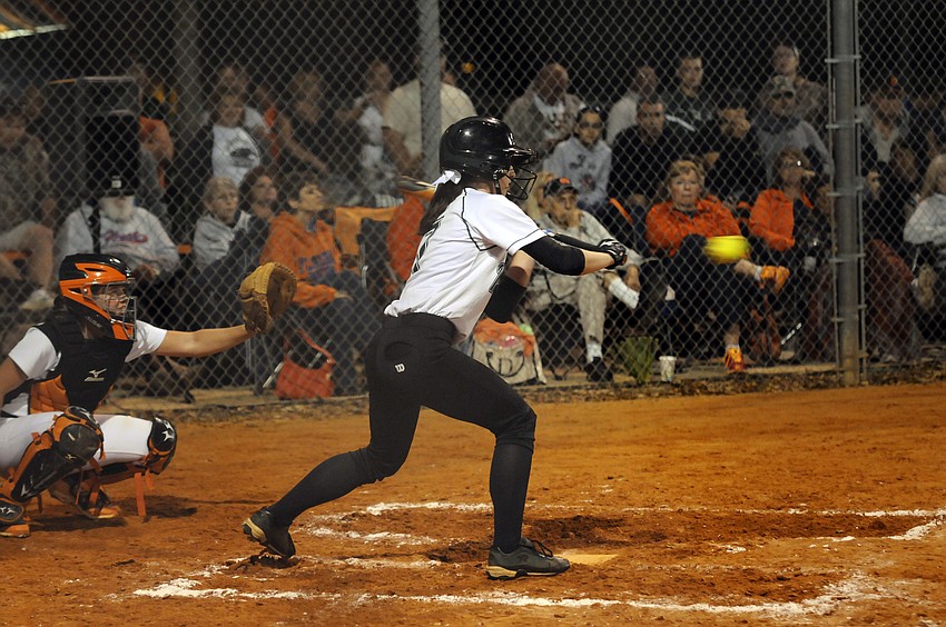 Lakewood Ranch freshman Logan Newton makes contact in the top of the third inning.