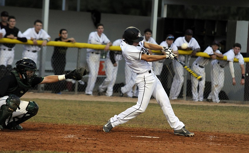 Braden River junior John Graves makes contact in the bottom of the second inning.