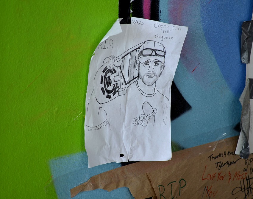 Tributes to Coach Dan Giguere line the walls at Payne Skate Park.