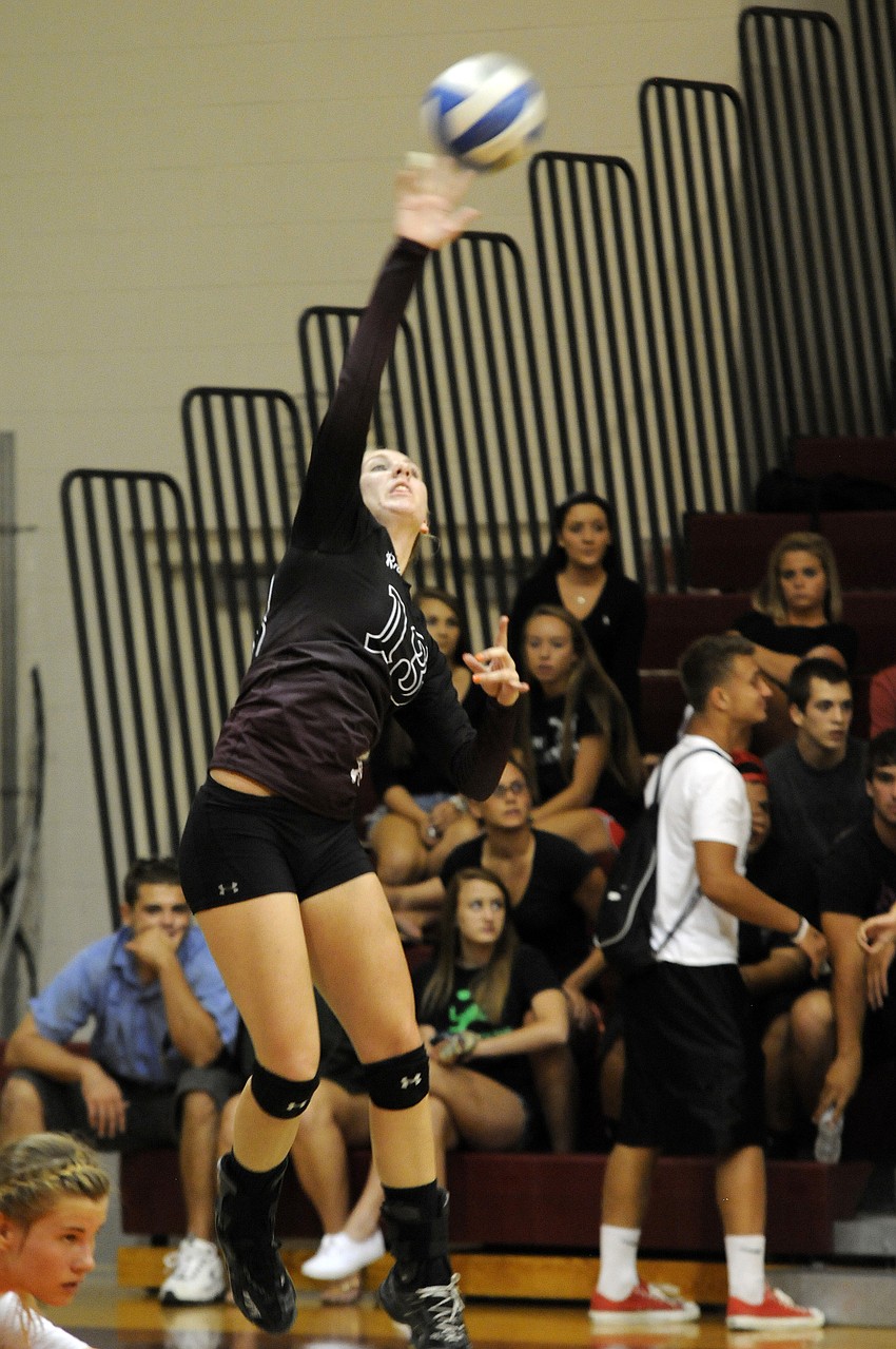 Braden River junior Cassidy Barich serves the ball in Game 1 for the Lady Pirates.