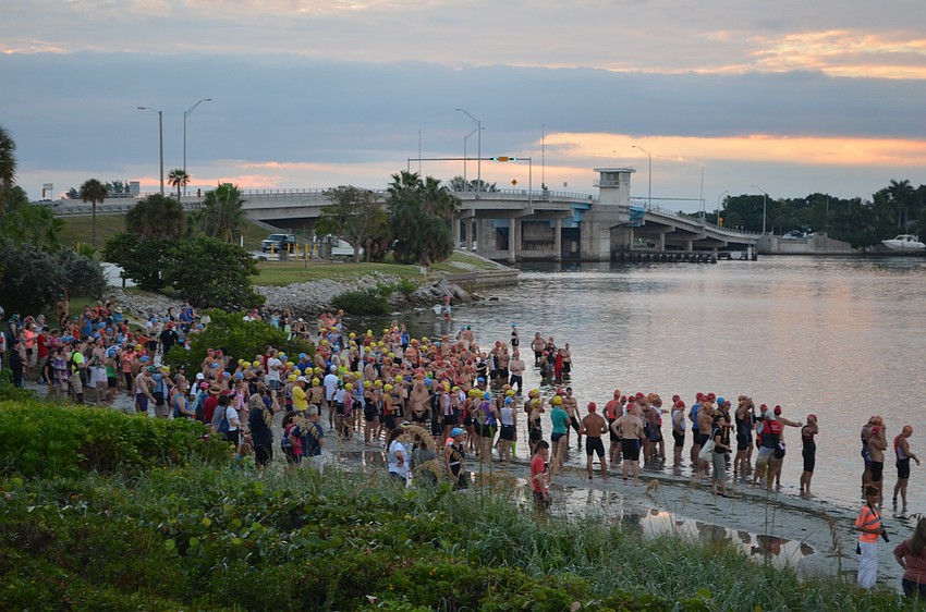 A crowd gathers as the swimming portion of the Longboat Key Triathlon begins.