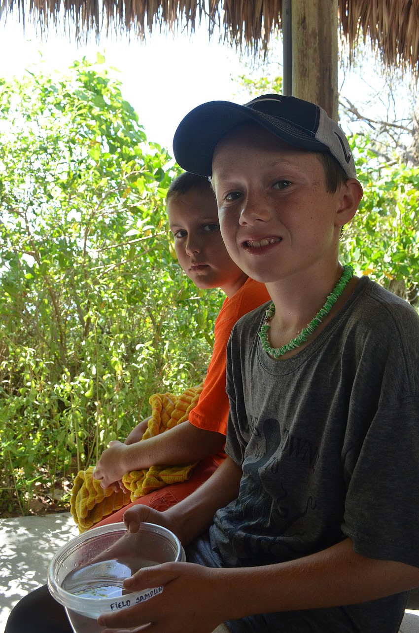Jack Barns, 10, and Adam Stump, 10, listen to Mote Marine Education Interns talk about marine life.