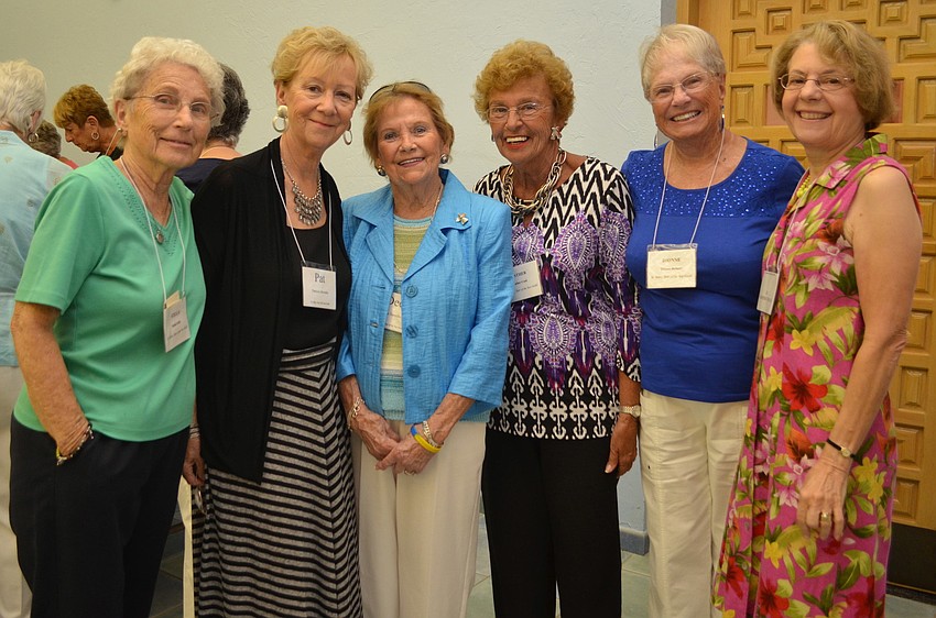 Stella Kelley, Pat Brouder, Dee Tornillo, Esther Cook, Dionne Reinert and Jo Franz catch up before the luncheon.