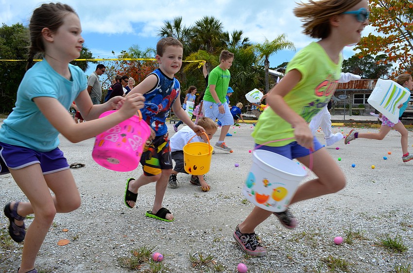 Children run for eggs when the hunt begins.