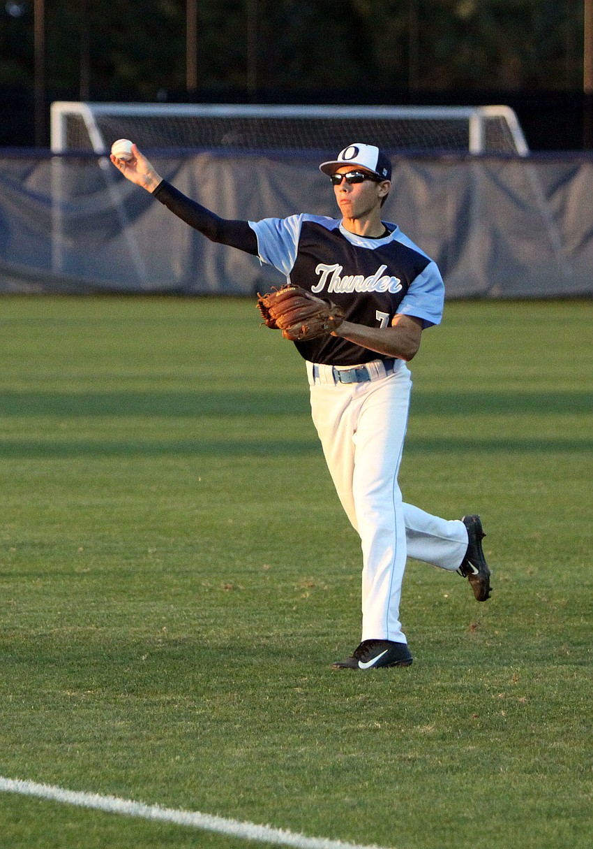 Out-of-Door Academyâ€™s Jake Romine, No. 7, throws the ball back towards the mound after an impressive play in right field.