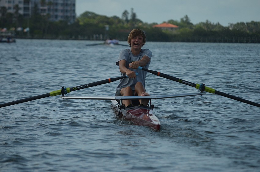 Emmet Homester goofs around before rowing out.