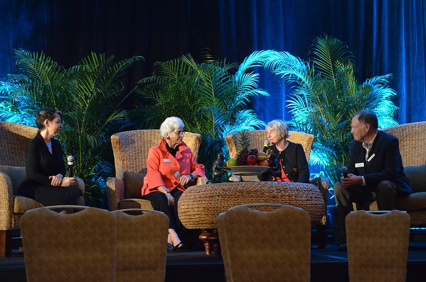 Ina Jaffe, Institute for the Ages Board Chair Nancy Schlossberg, public radio producer Connie Goldman and AARP Director of Academic Affairs Rick Moody made up the panel