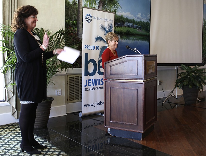 Co-Chairs Nadia Ritter and Bunny Skirboll welcome attendees to the Lion of Judah and Pomegranate luncheon.