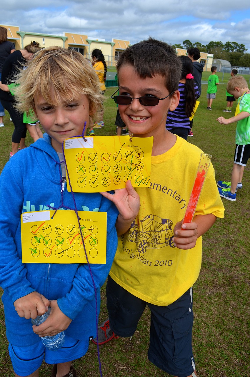 Mason Bienvenue, 7, and John Moschello, 8, enjoy cold refreshments.