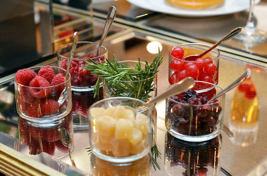 An assortment of fruits were offered to guests to add to their champagne cocktails.