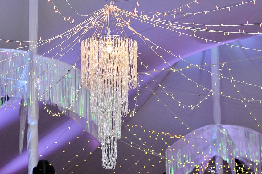 String lights and chandeliers hung from the ceiling of the tent at The Palm Ball â€˜A Passion for Conservation.â€™