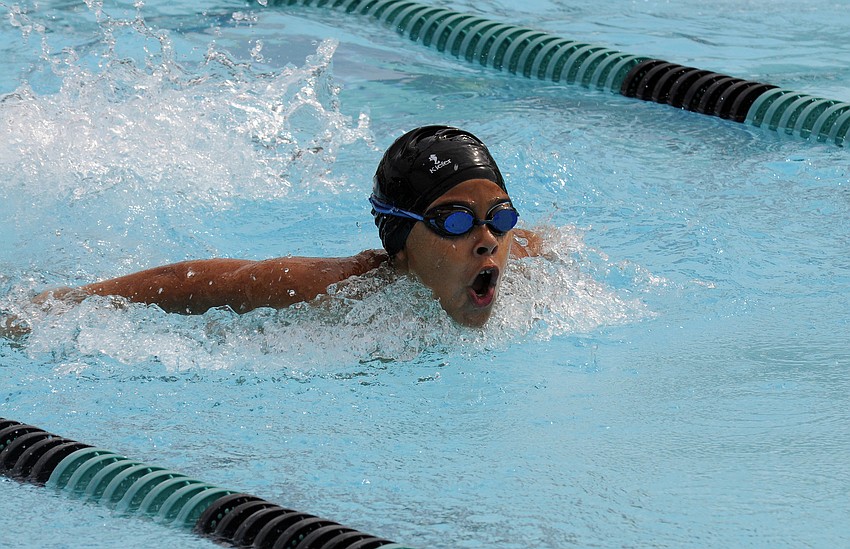 Elliot Santaella completes the butterfly portion of his 100-yard individual medley.