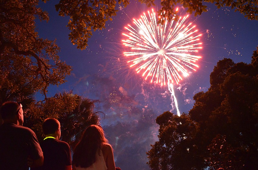 Fireworks light up the sky above the Sarasota Bay at Bayfront Park.