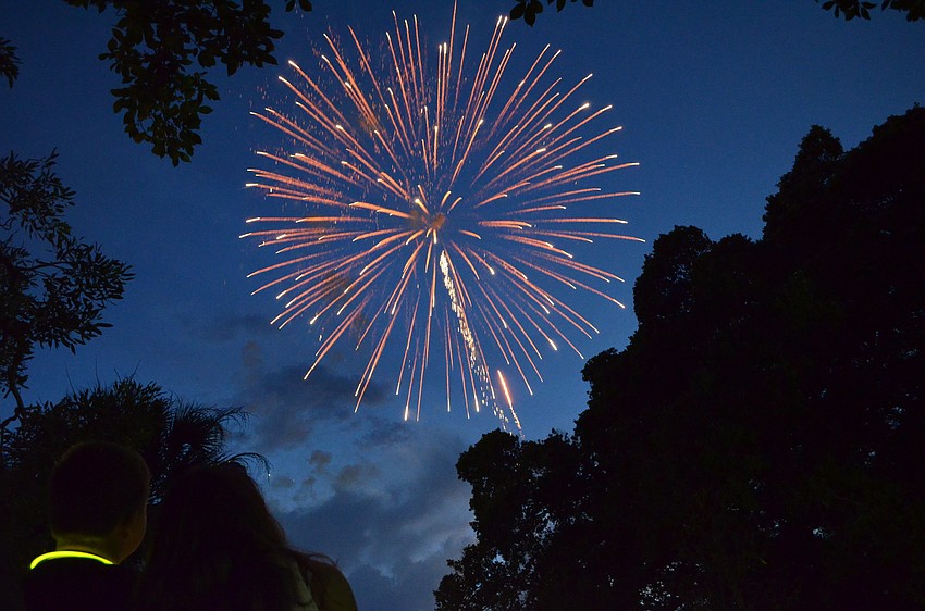 Fireworks light up the sky above the Sarasota Bay at Bayfront Park.
