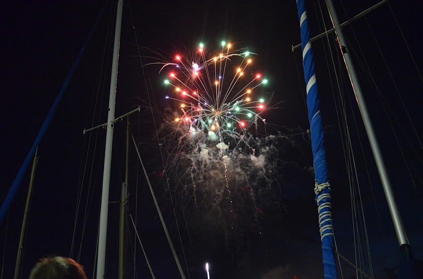 Fireworks light up the sky above the Sarasota Bay at Bayfront Park.