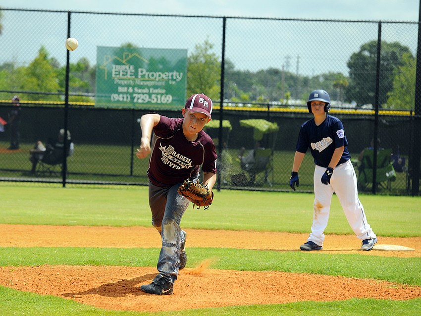 Braden River Little League 9/10 All-Star James Guest throws a pitch during his team’s game versus Manatee National June 27.