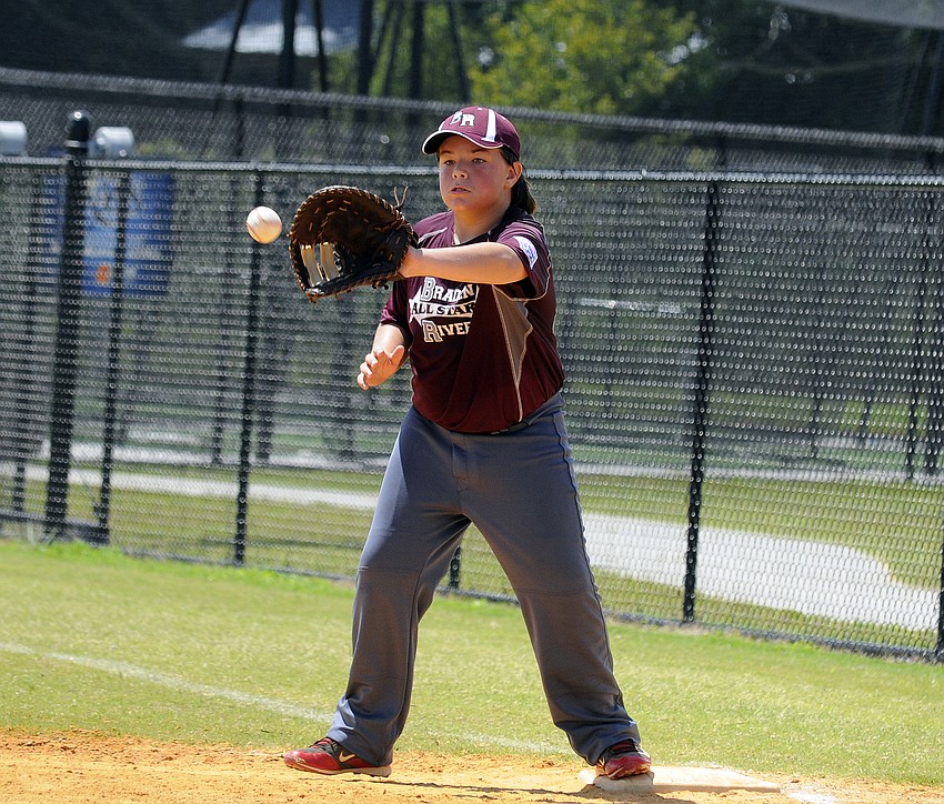 First baseman Roy Tetrick III records an out for the Braden River Little League Intermediate All-Stars.