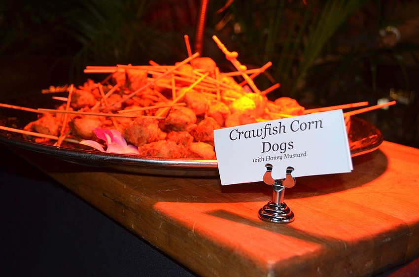 The night's menu included crawfish corn dogs.